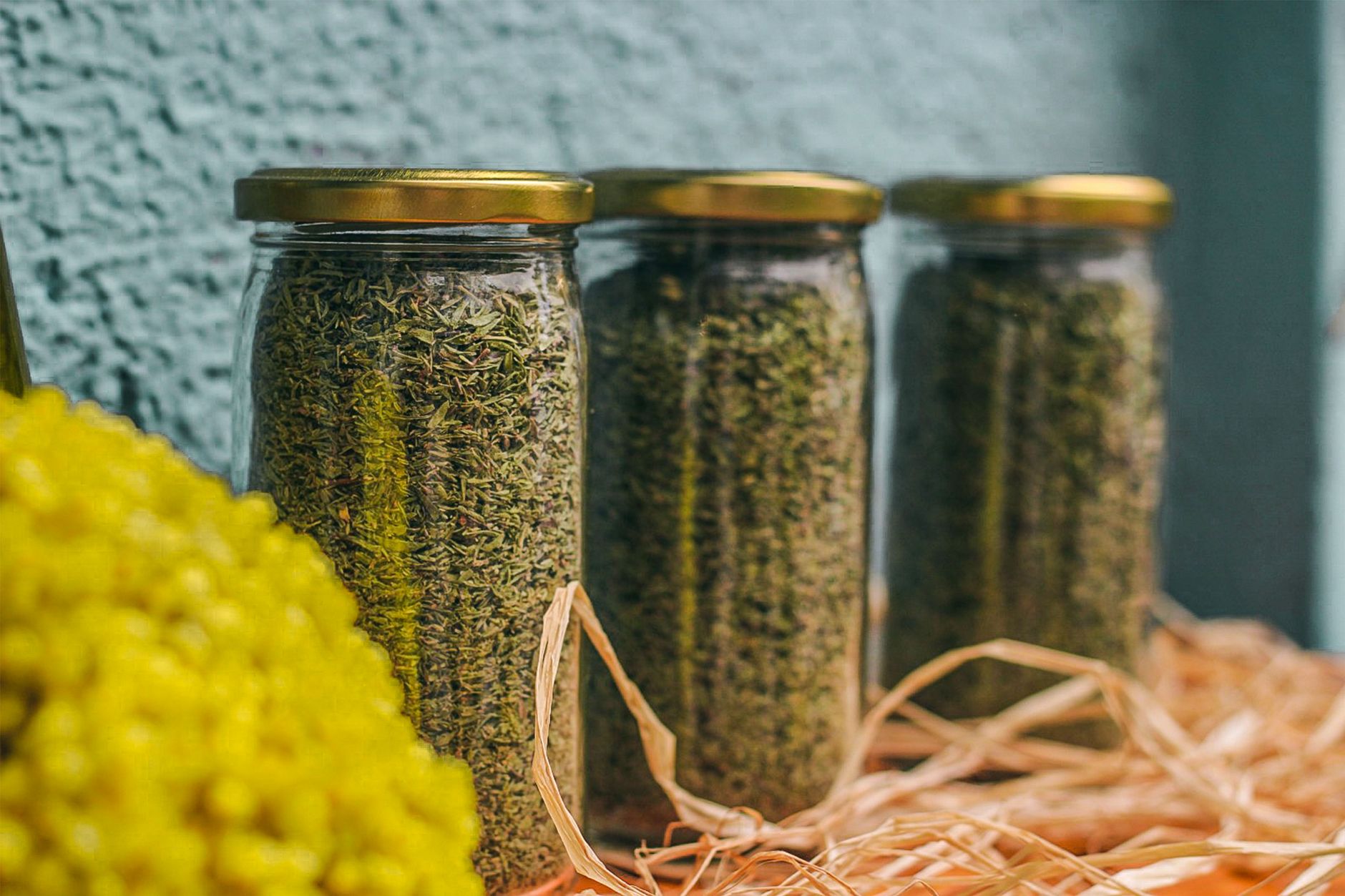 dried turkey tail mushroom pieces stored in a clear glass jar