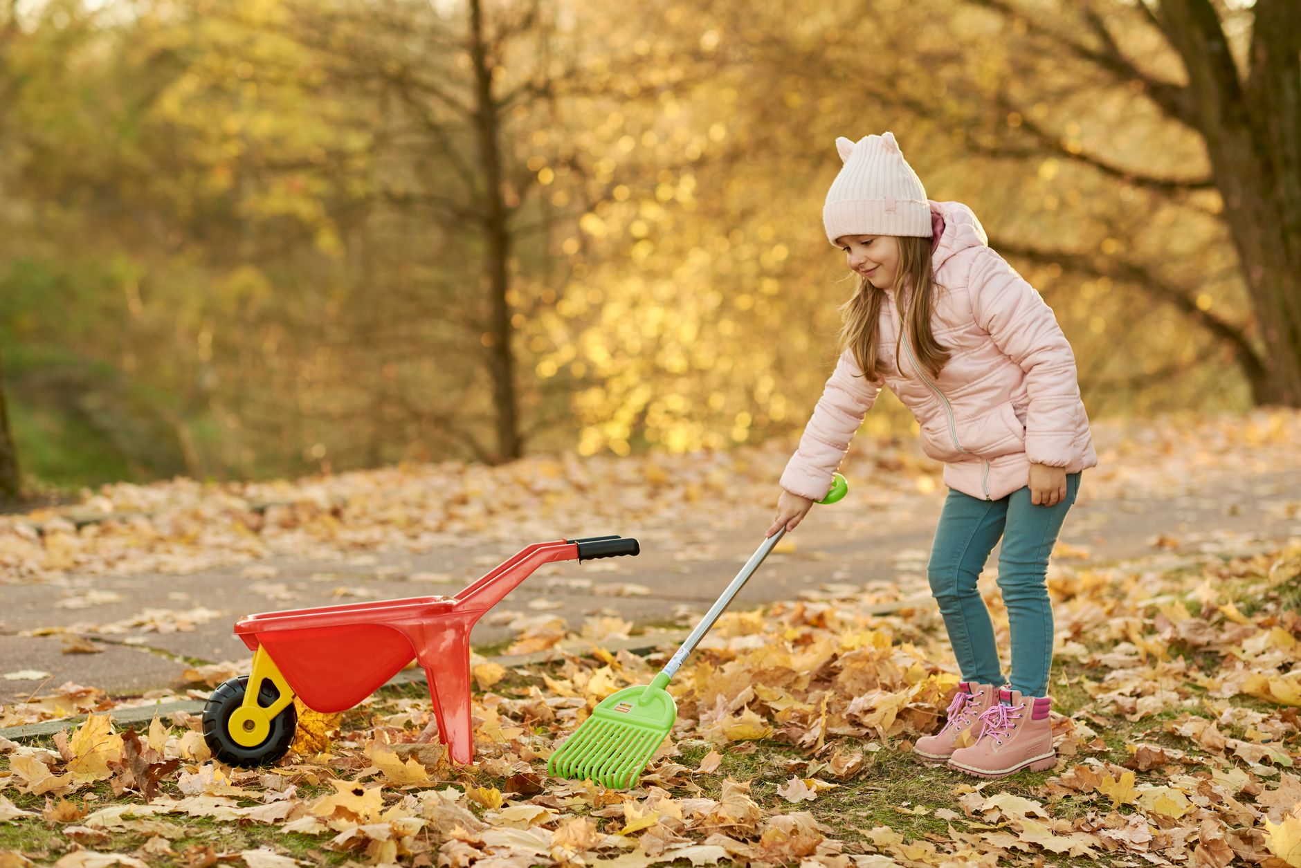 hands raking leaf litter near exposed tree roots in a woodland